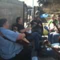 Workshop -Jens is teaching banjo -infront of Prucha Workshop